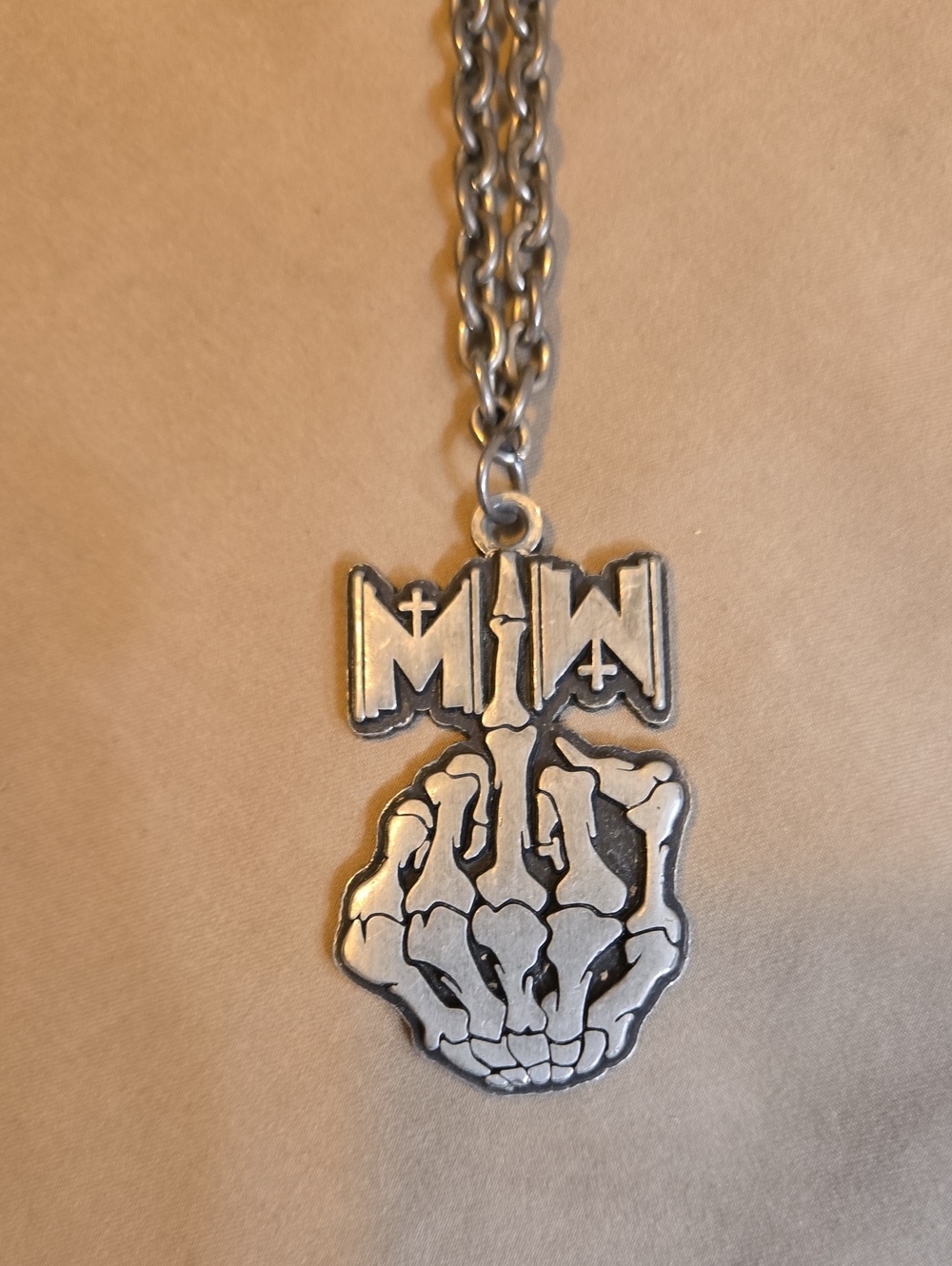 Silver Tone Motionless In White Skeletal Middle Finger Pendant Necklace - Men
